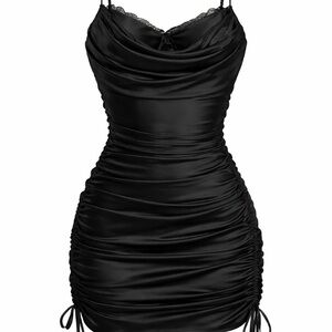 Oh Polly Black Satin Ruched Mini Dress Size US 10 (UK 14)